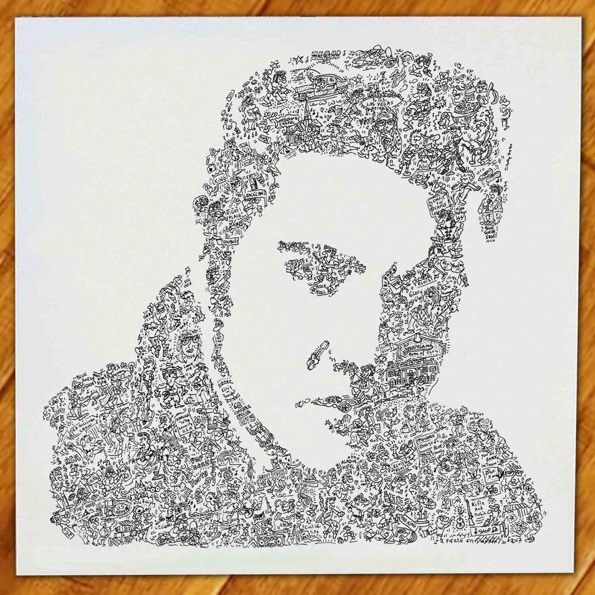 Elvis Presley art print made of biography doodles inside the portrait ...